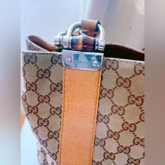 Gucci Bamboo Bar GG Monogram Canvas Shopper Tote Yellow Leather Braided Handles - Picture 3 of 14